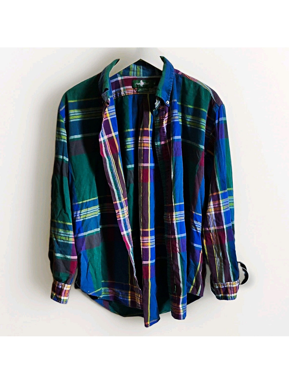 Hunt Club Men's XL Blue Green Purple Plaid Cotton Long Sleeve Button-Down